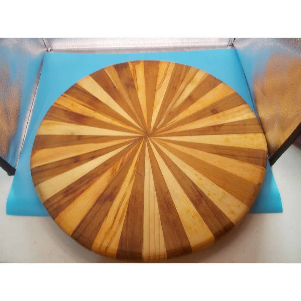 Vintage Sunburst Inlay Round Wooden Cutting Board Charcuterie Serving Tray 14in